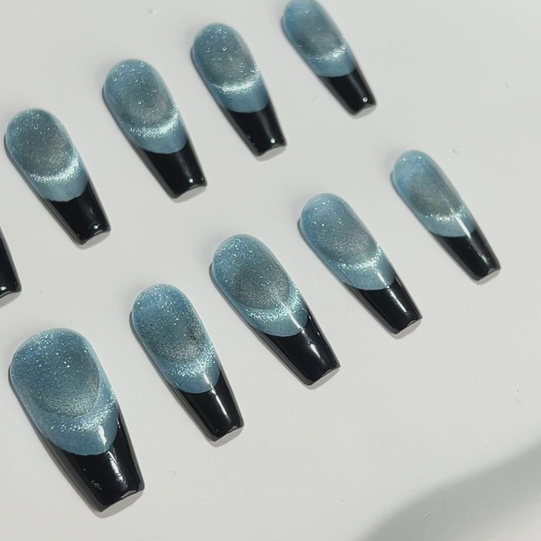 Siva Nail, Frosted Sky, Shimmering Gradient French, Handmade Press on Nails