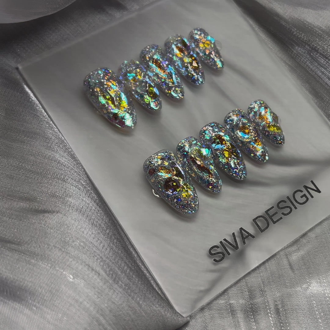 Siva Nail, Stardust Glimmers, Iridescent Sparkle, Acrylic Handmade Press on Nails