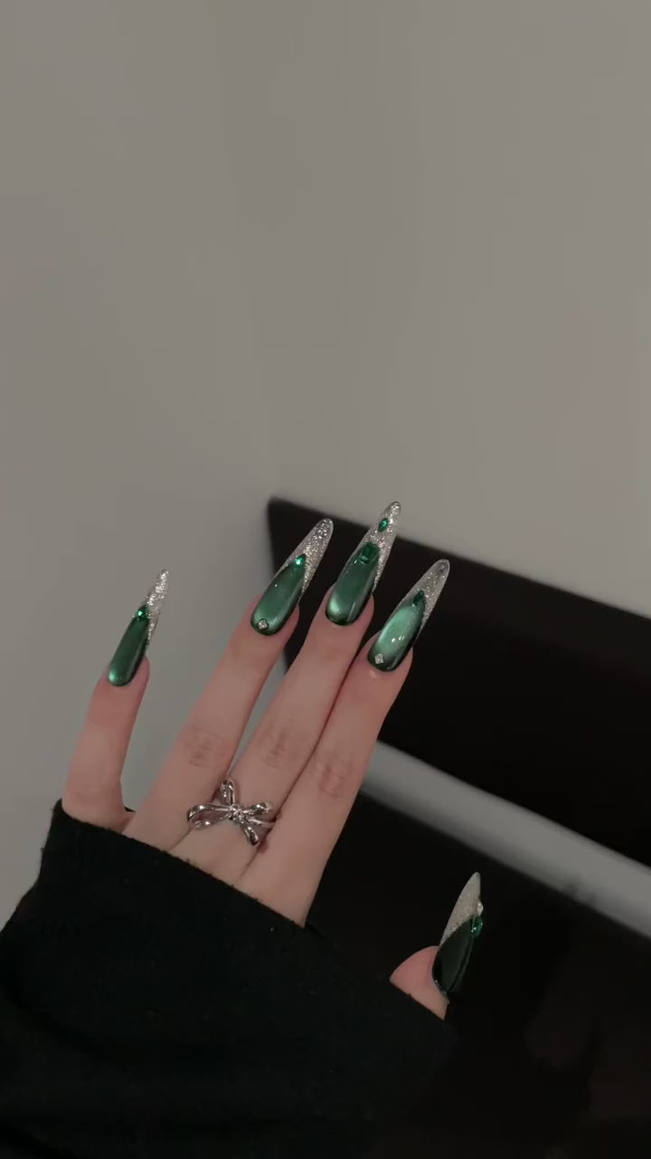 Siva Nail, Emerald Ombre Glitter - tipped Handmade Press on Nails