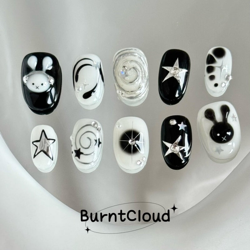 Siva Nail,Monochrome Star & Bunny – Black & White Art Set Handmade Press on Nails