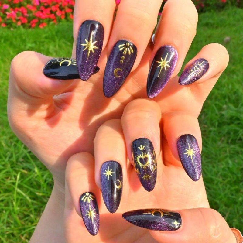 Siva Nail,Deep Purple Cat-Eye & Gold Star Moon Handmade Press on Nails
