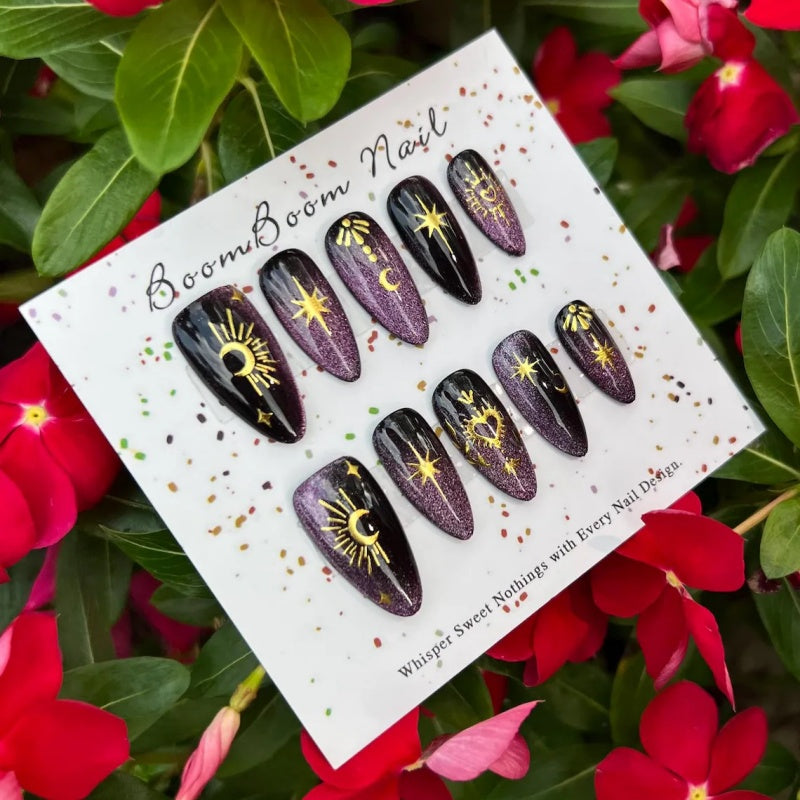Siva Nail,Deep Purple Cat-Eye & Gold Star Moon Handmade Press on Nails