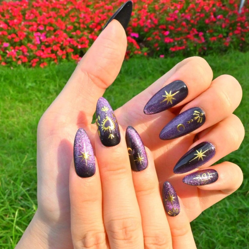 Siva Nail,Deep Purple Cat-Eye & Gold Star Moon Handmade Press on Nails