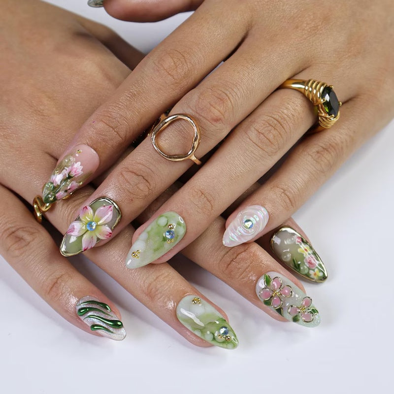Siva Nail, Dragonfly Garden Floral – Pink Blossom Holiday Set Handmade Press on Nails