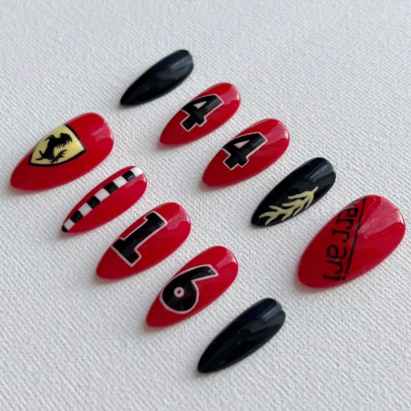 Siva Nail,F1 Heat: Ferrari-Inspired Motorsport Handmade Press on Nails