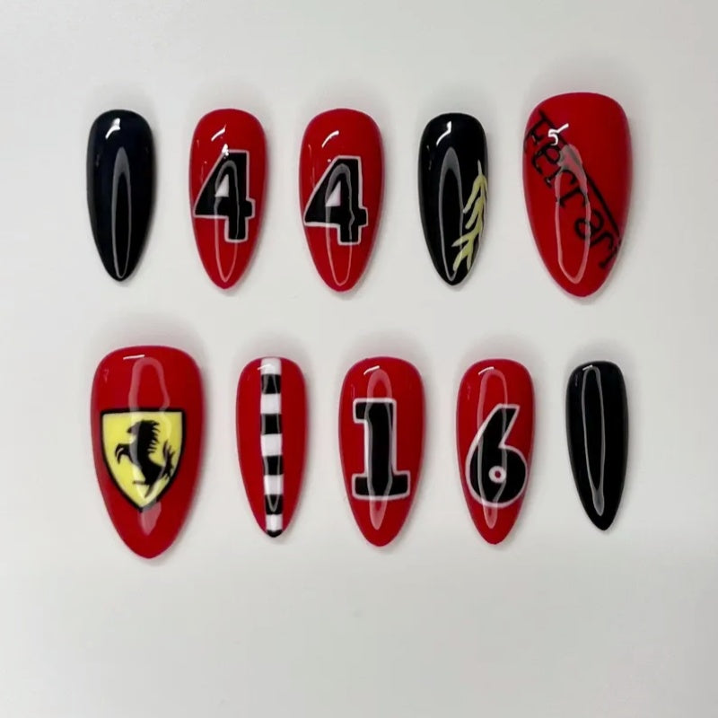 Siva Nail,F1 Heat: Ferrari-Inspired Motorsport Handmade Press on Nails