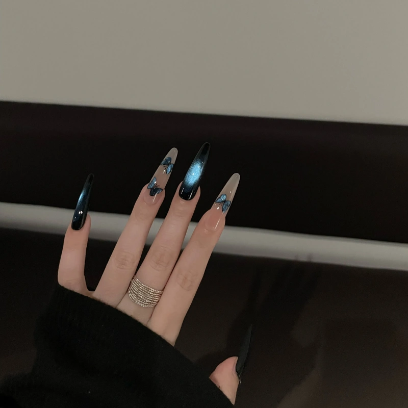 Siva Nail,Midnight Blue Ombre Butterfly Handmade Press on Nails