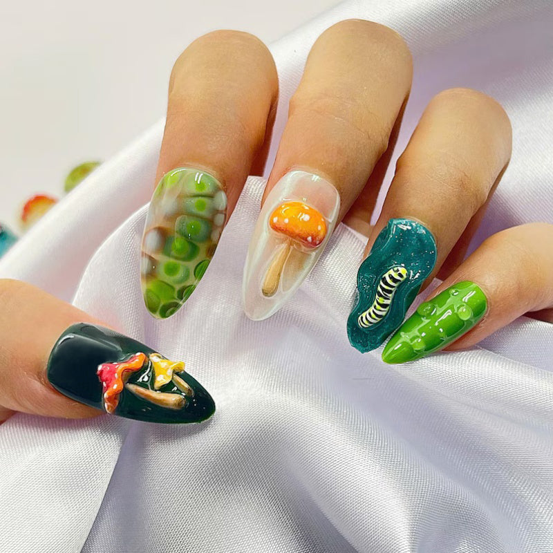 Siva Nail, Mushroom Garden Press-On Nails – Ladybug & Worm Handmade Press on Nails
