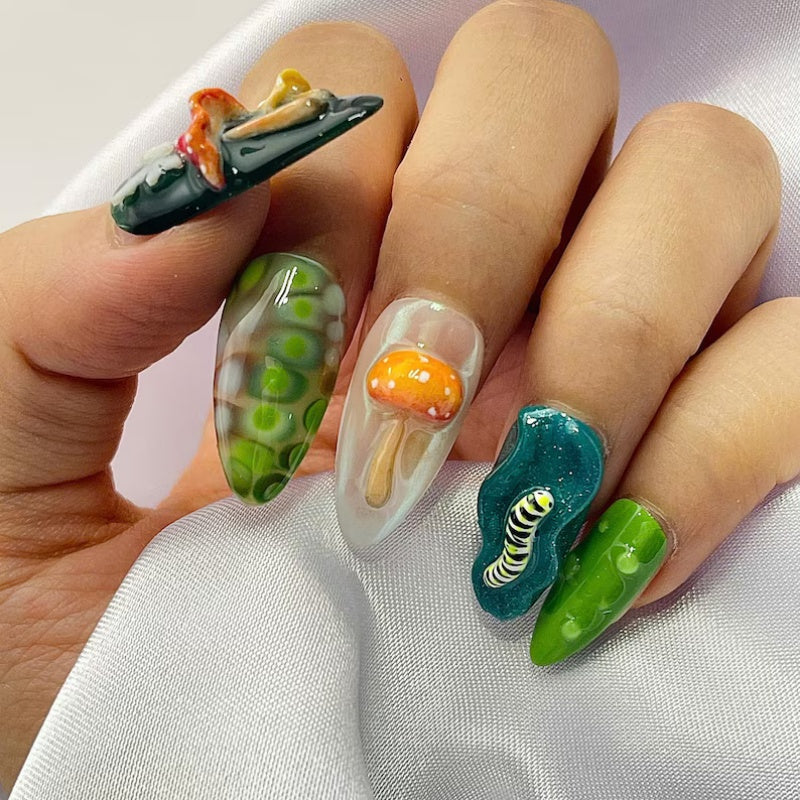 Siva Nail, Mushroom Garden Press-On Nails – Ladybug & Worm Handmade Press on Nails