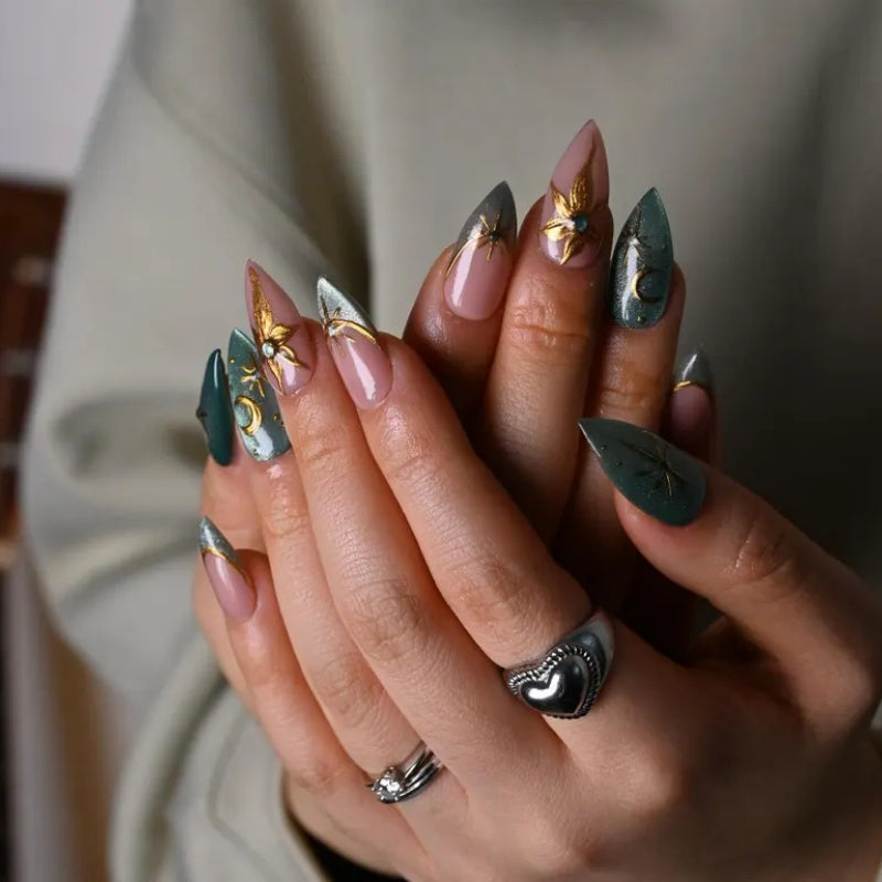 Siva Nail,Neon Witch Goth Stiletto Set – Cat Eye, Gold Stars & Chrome Handmade Press on Nails