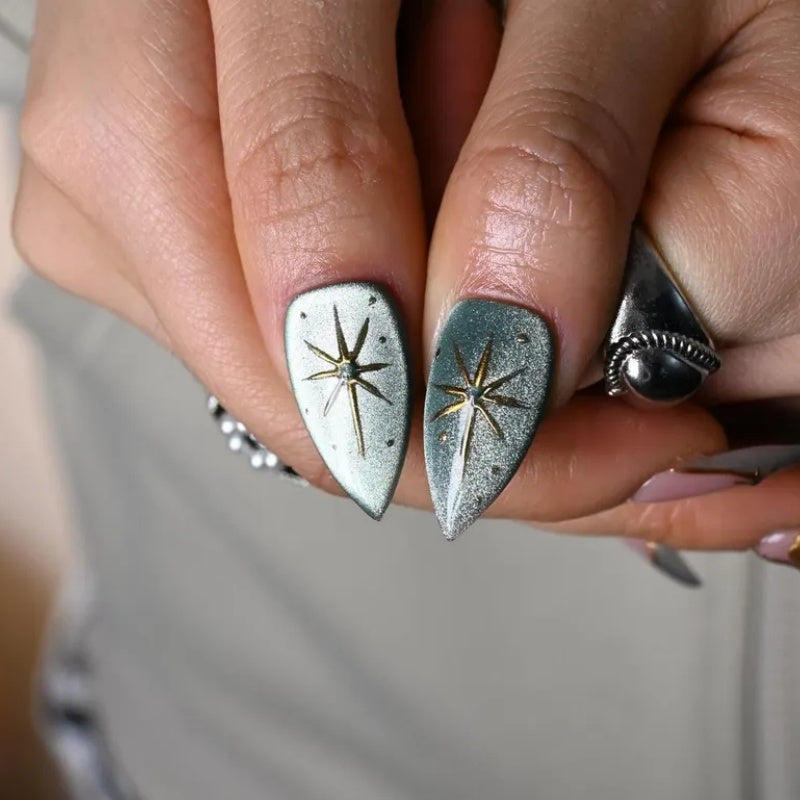 Siva Nail,Neon Witch Goth Stiletto Set – Cat Eye, Gold Stars & Chrome Handmade Press on Nails