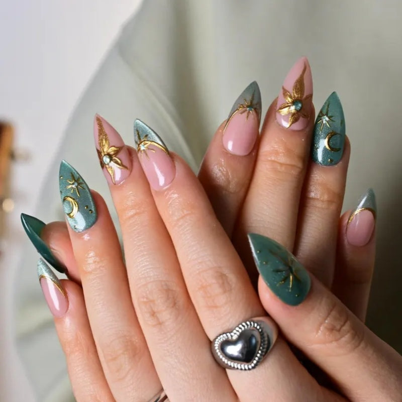 Siva Nail,Neon Witch Goth Stiletto Set – Cat Eye, Gold Stars & Chrome Handmade Press on Nails