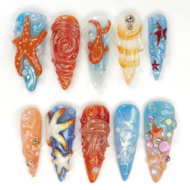 Siva Nail, Ocean Galaxy Fantasy – Mermaid & Starfish Handmade Press on Nails