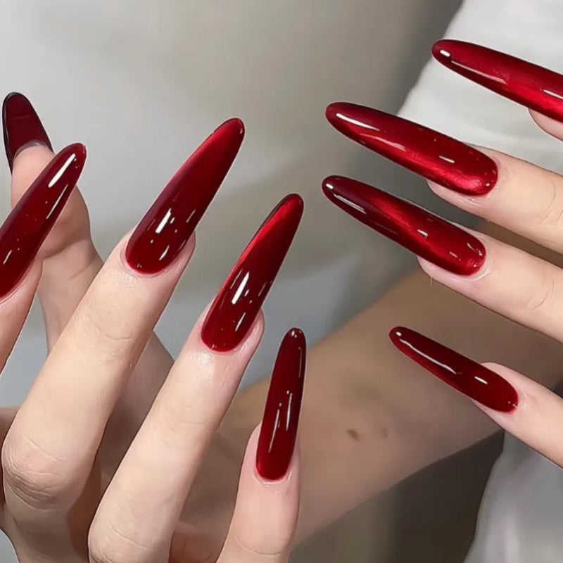 Siva Nail, Ruby Rouge – Red Wine-Shiny Glitter Amber-Red Glass Gel Handmade Press on Nails