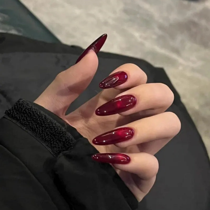 Siva Nail, Ruby Rouge – Red Wine-Shiny Glitter Amber-Red Glass Gel Handmade Press on Nails