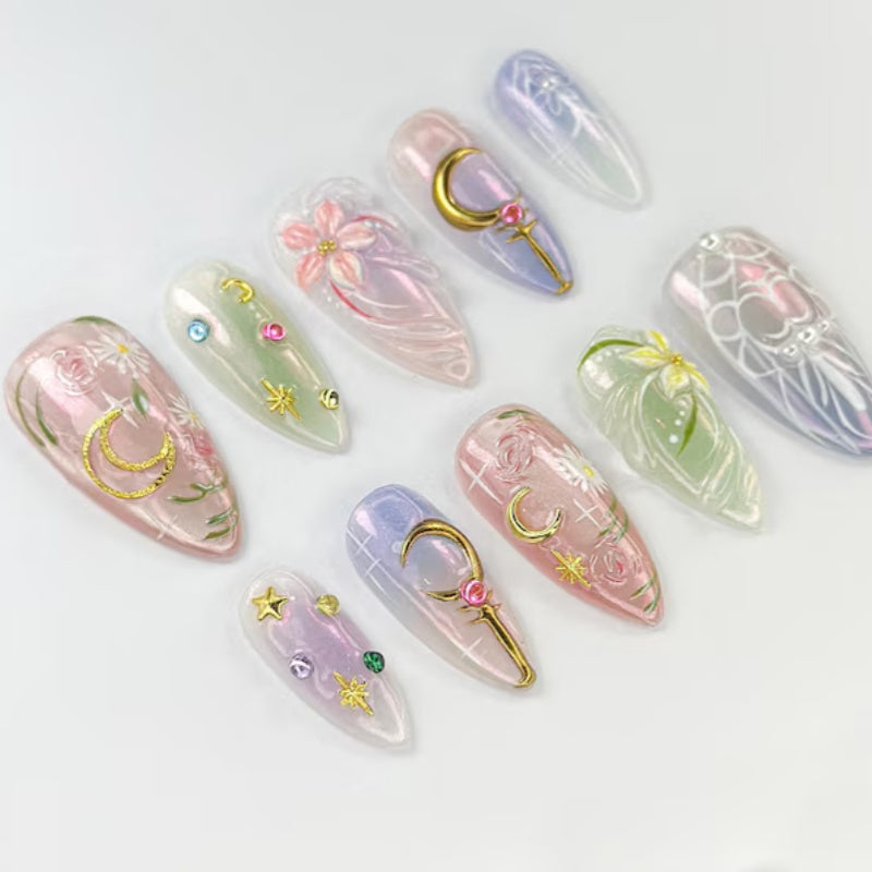 Siva Nail, Sailor Moon Kawaii Iridescent – Pastel Magical Girl Set Handmade Press on Nails