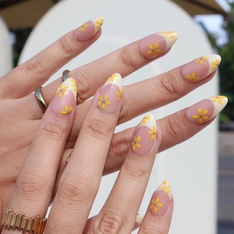 Siva Nail, Sunny Daisy French  – Yellow Accent Set Handmade Press on Nails