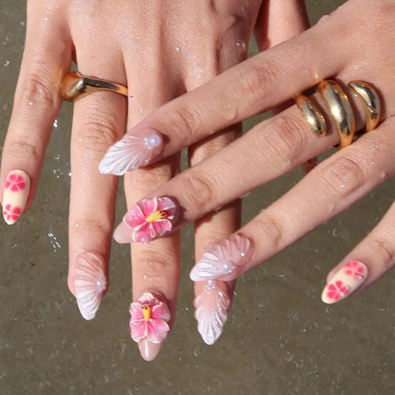 Siva Nail, Tropical Hibiscus & Pearl Shell  Almond  Handmade Press on Nails