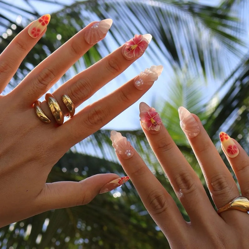 Siva Nail, Tropical Hibiscus & Pearl Shell  Almond  Handmade Press on Nails