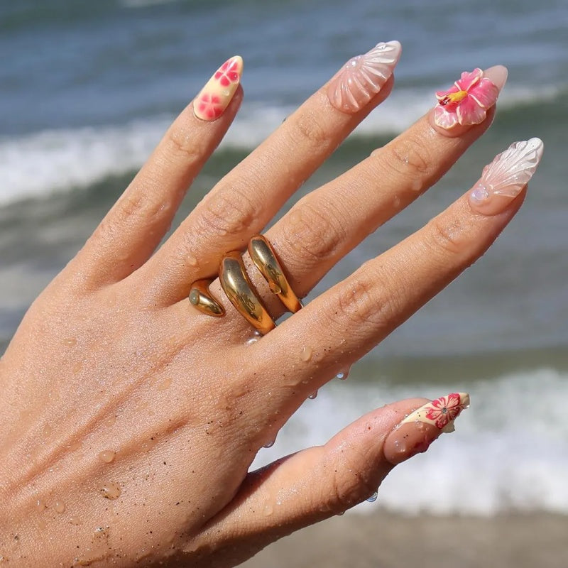 Siva Nail, Tropical Hibiscus & Pearl Shell  Almond  Handmade Press on Nails