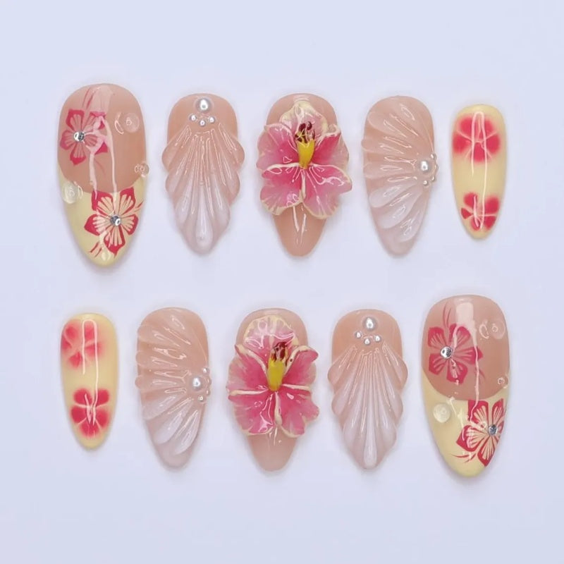 Siva Nail, Tropical Hibiscus & Pearl Shell  Almond  Handmade Press on Nails