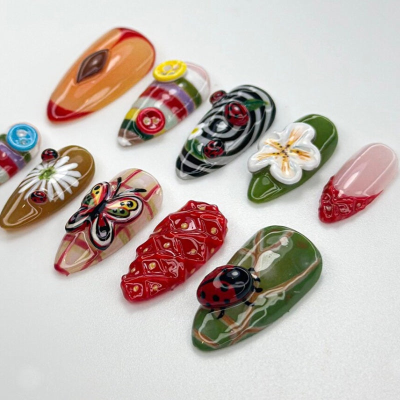 Siva Nail,Whimsical Cottagecore Garden  Strawberry & Ladybug Art Handmade Press on Nails